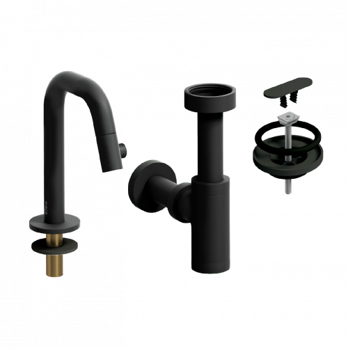 SET - Kaldur Waschbecken Wasserhahn, Ablassschraube, Siphon Standhebel niedrig schwarz matt